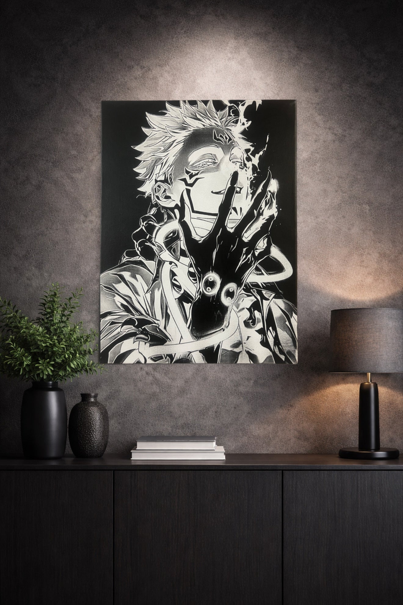 Tableau manga noir et blanc – Exorciste maudit – regard démoniaque – toile murale 30x40 cm - DesignRomArt