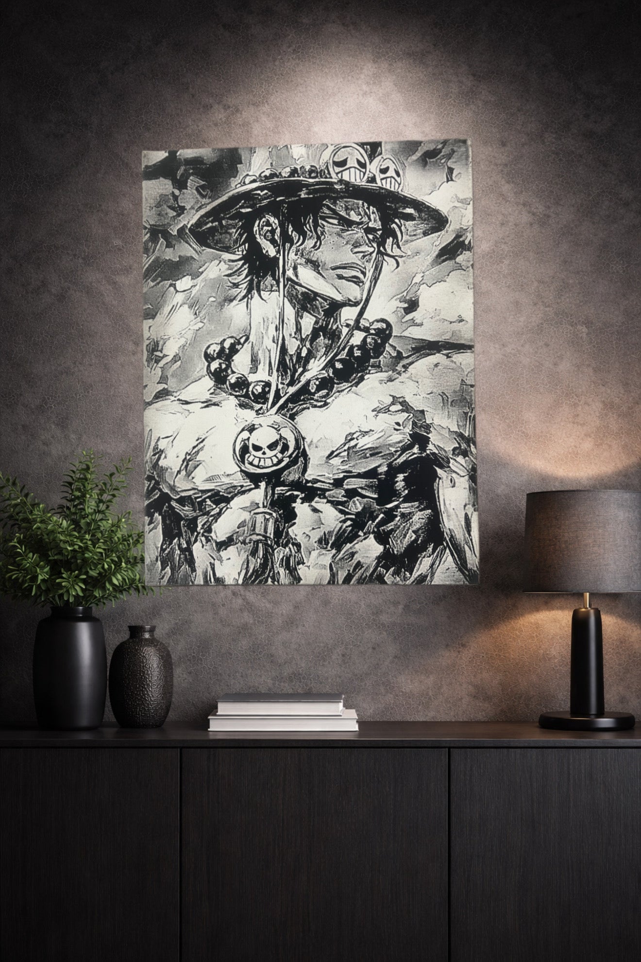 Tableau manga noir et blanc – Guerrier au chapeau emblématique – Toile murale 30x40 cm - DesignRomArt