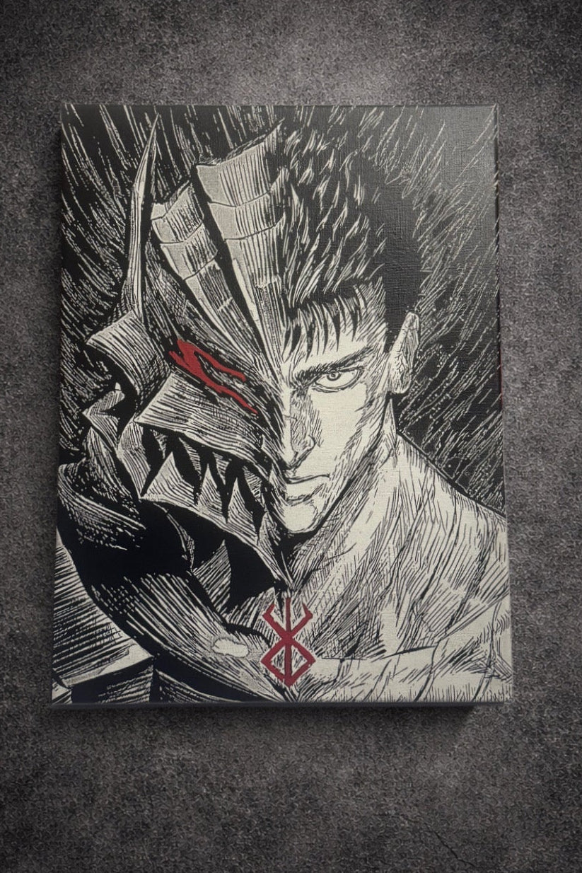 Tableau manga noir et blanc – Guerrier dark fantasy à l'armure – Toile 30x40 cm - DesignRomArt