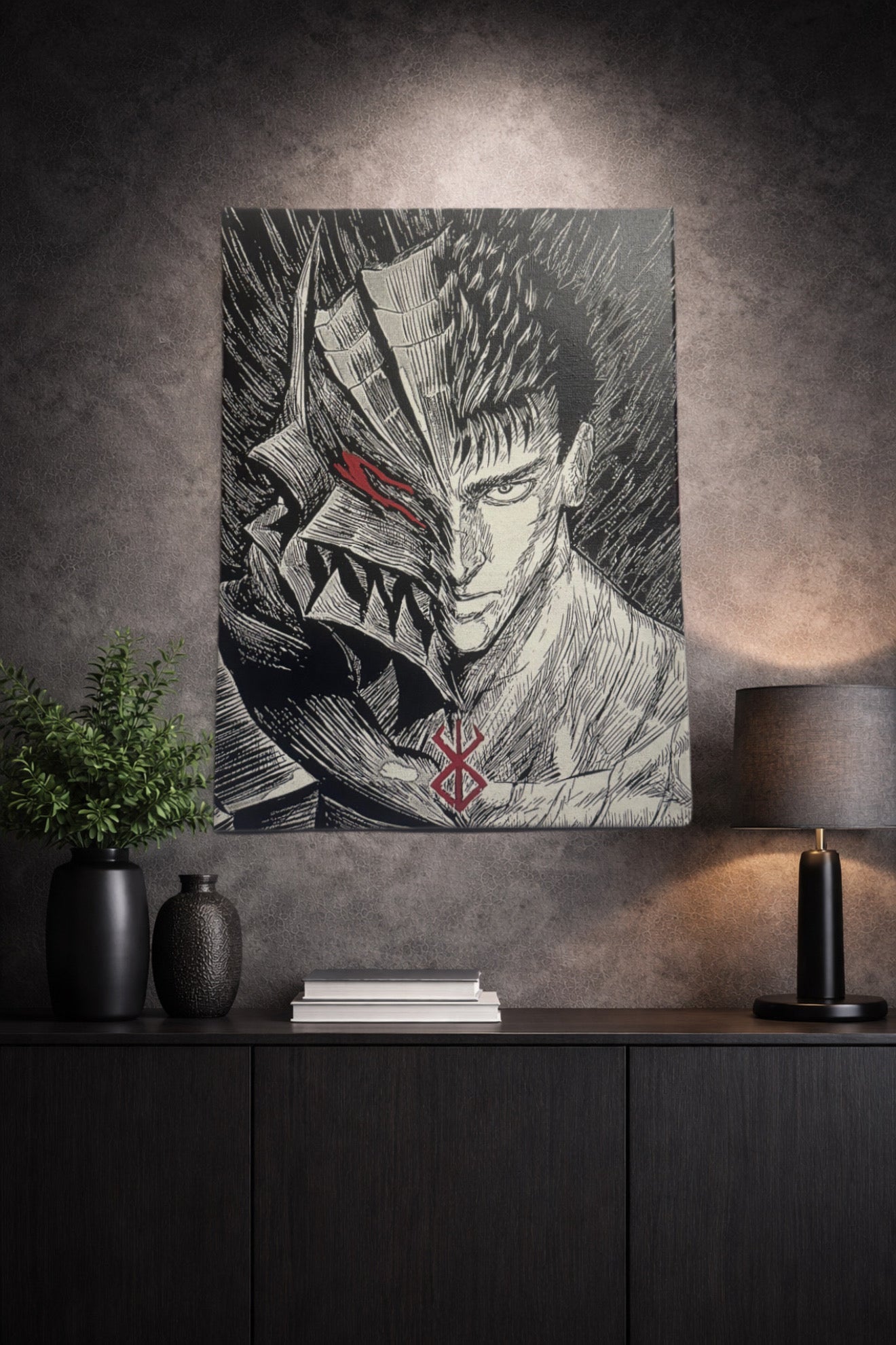 Tableau manga noir et blanc – Guerrier dark fantasy à l'armure – Toile 30x40 cm - DesignRomArt