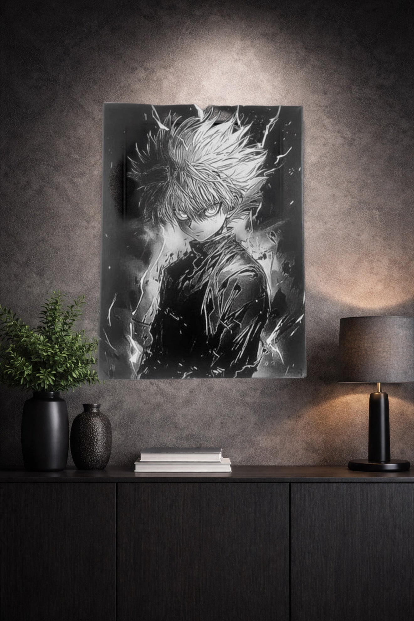 Tableau manga noir et blanc – Guerrier shōnen à l’aura électrique – Toile murale 30x40 cm - DesignRomArt