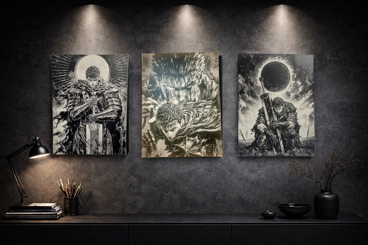 Tableau manga noir et blanc – Guerrier sombre enragé – Art dark fantasy sur toile 30x40 cm - DesignRomArt