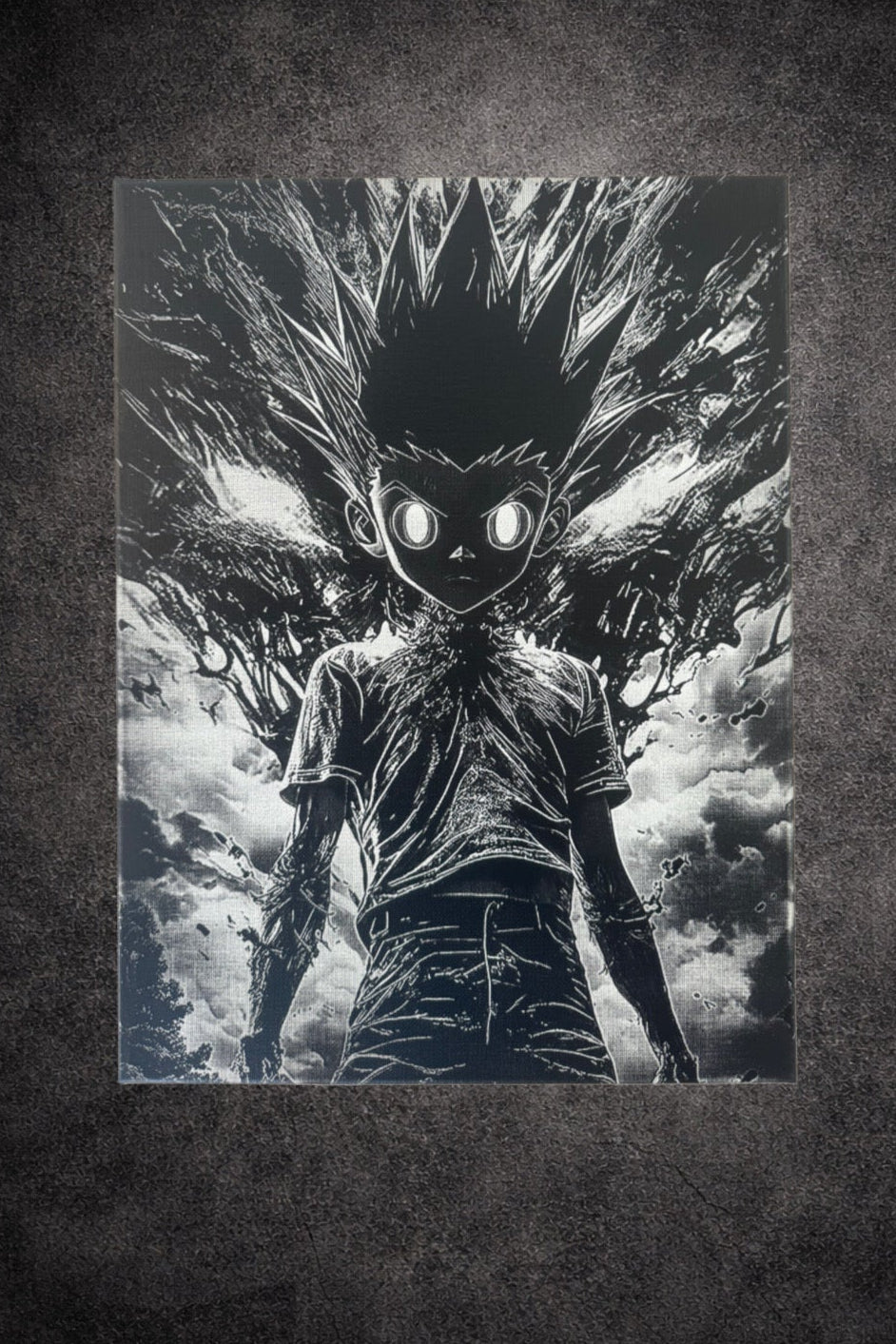 Tableau manga noir et blanc – Jeune héros à l’aura déchaînée – Toile 30x40 cm - DesignRomArt
