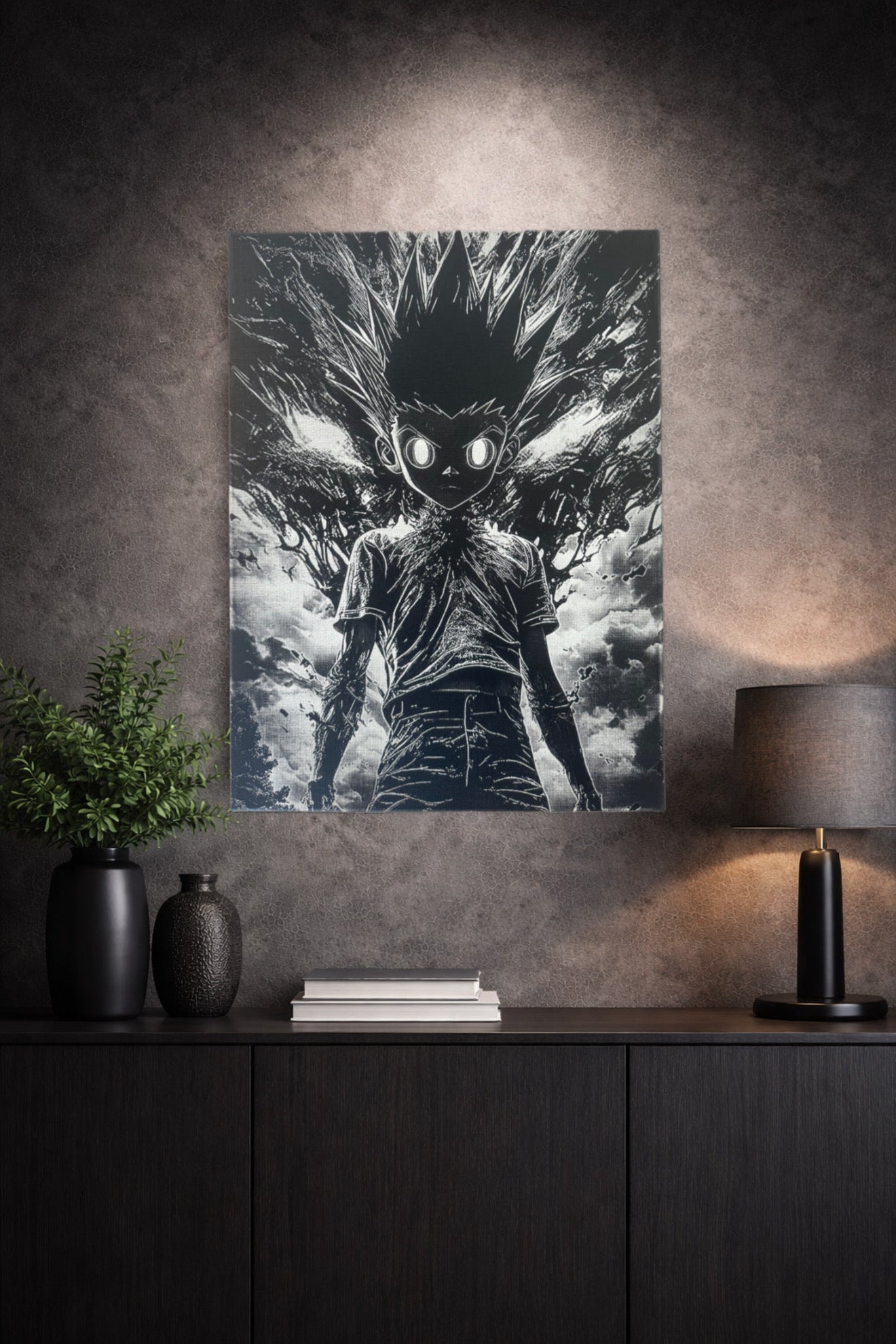 Tableau manga noir et blanc – Jeune héros à l’aura déchaînée – Toile 30x40 cm - DesignRomArt