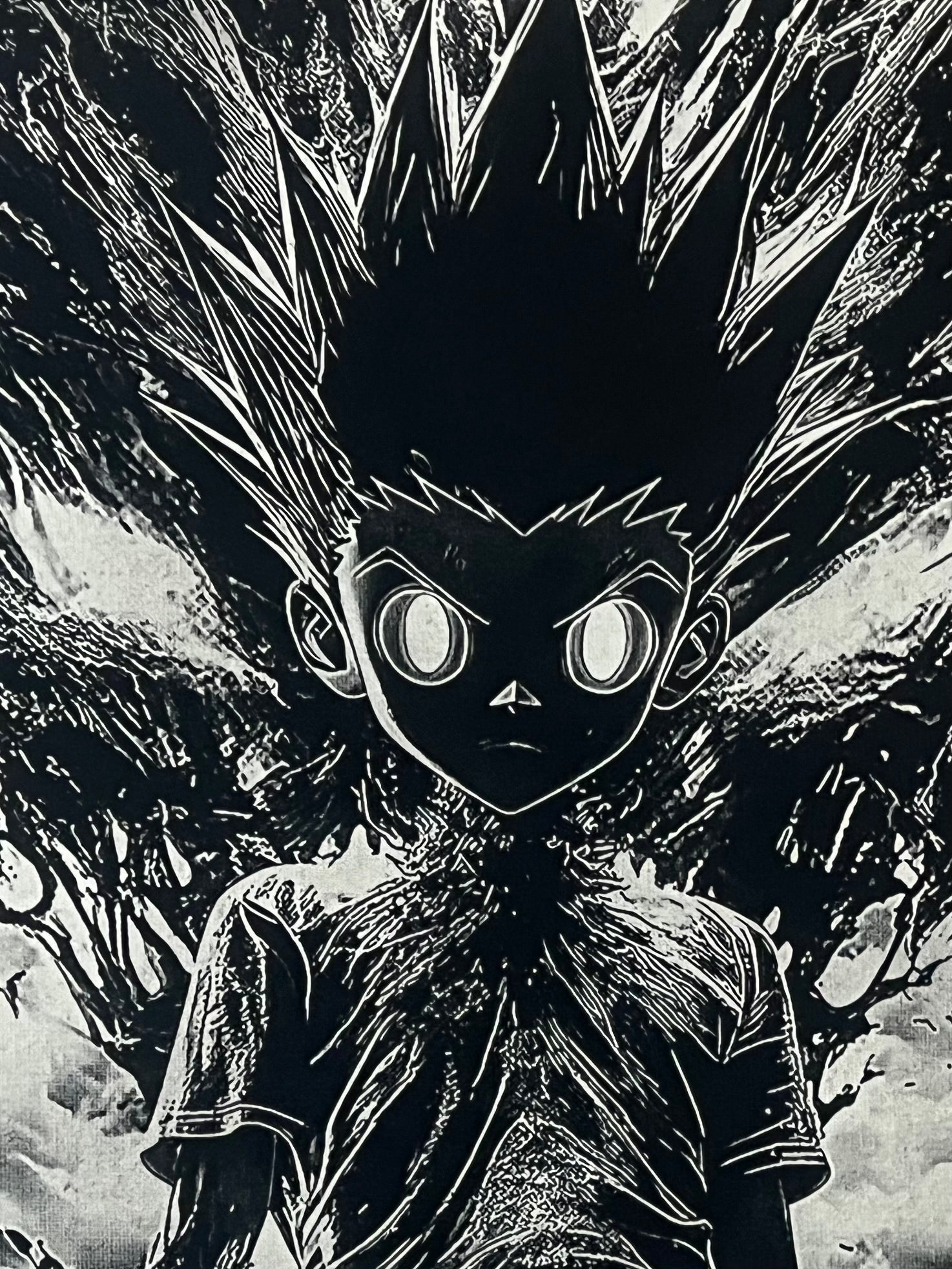 Tableau manga noir et blanc – Jeune héros à l’aura déchaînée – Toile 30x40 cm - DesignRomArt