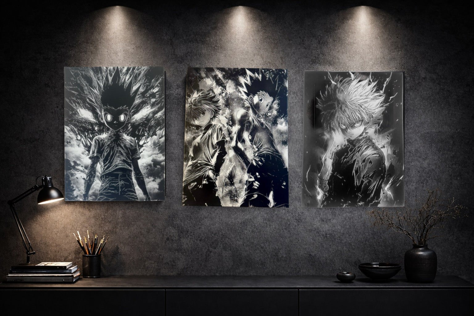 Tableau manga noir et blanc – Jeune héros à l’aura déchaînée – Toile 30x40 cm - DesignRomArt