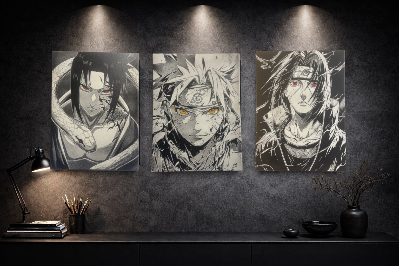 Tableau manga noir et blanc – Ninja au regard rouge et corbeaux – Toile murale 30x40 cm - DesignRomArt