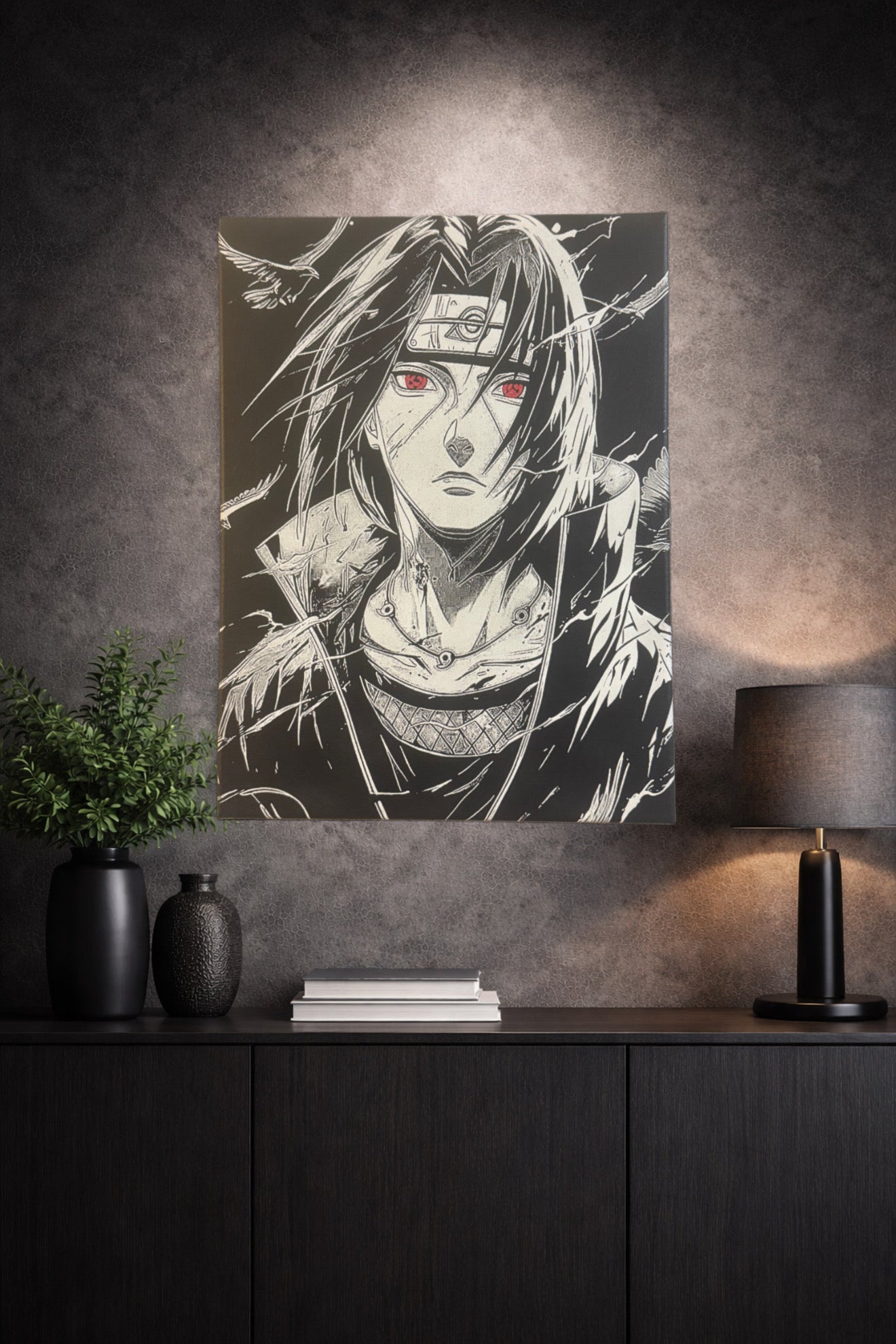 Tableau manga noir et blanc – Ninja au regard rouge et corbeaux – Toile murale 30x40 cm - DesignRomArt