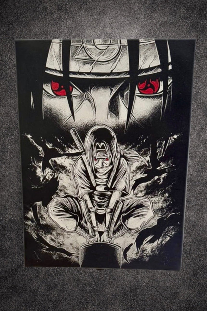 Tableau manga noir et blanc –Ninja solitaire aux yeux rouges – Toile murale 30x40 cm - DesignRomArt