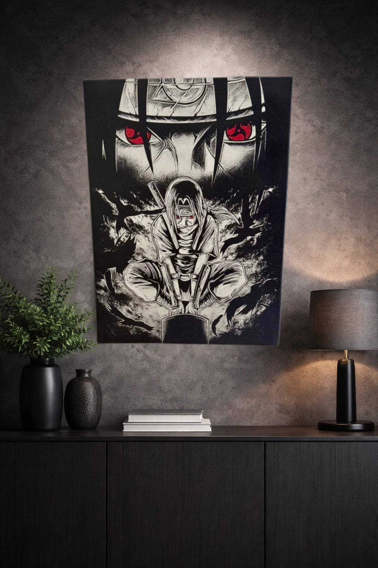 Tableau manga noir et blanc –Ninja solitaire aux yeux rouges – Toile murale 30x40 cm - DesignRomArt