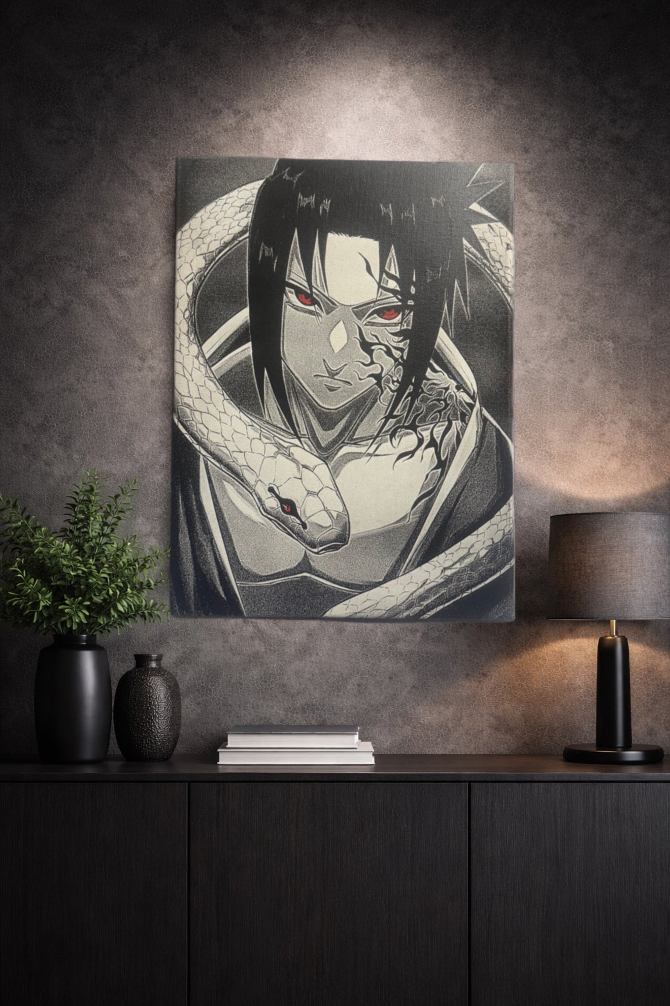 Tableau manga noir et blanc – Ninja sombre et serpent – Toile murale 30x40 cm - DesignRomArt