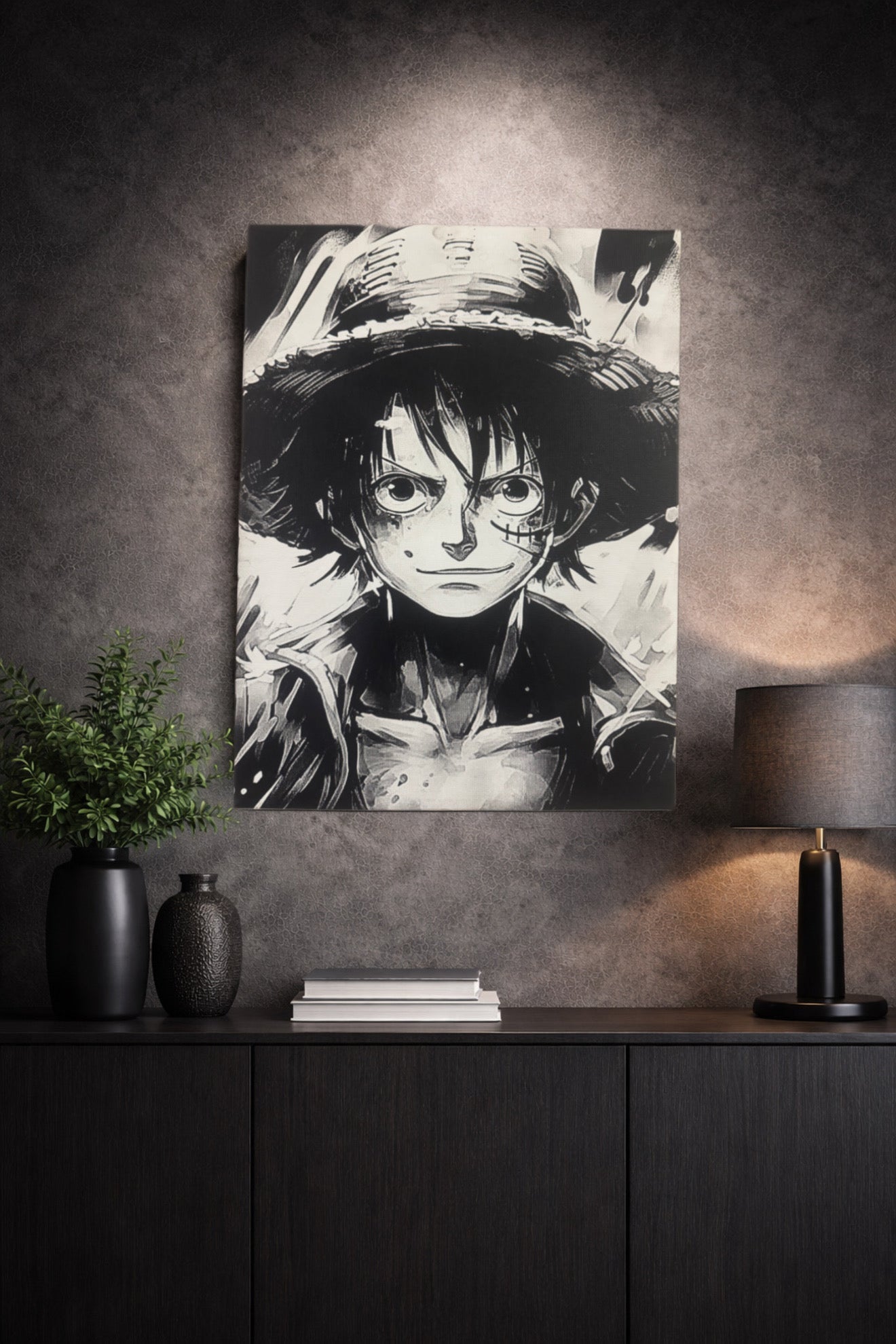 Tableau manga noir et blanc – Pirate au chapeau de paille – Toile murale 30x40 cm - DesignRomArt