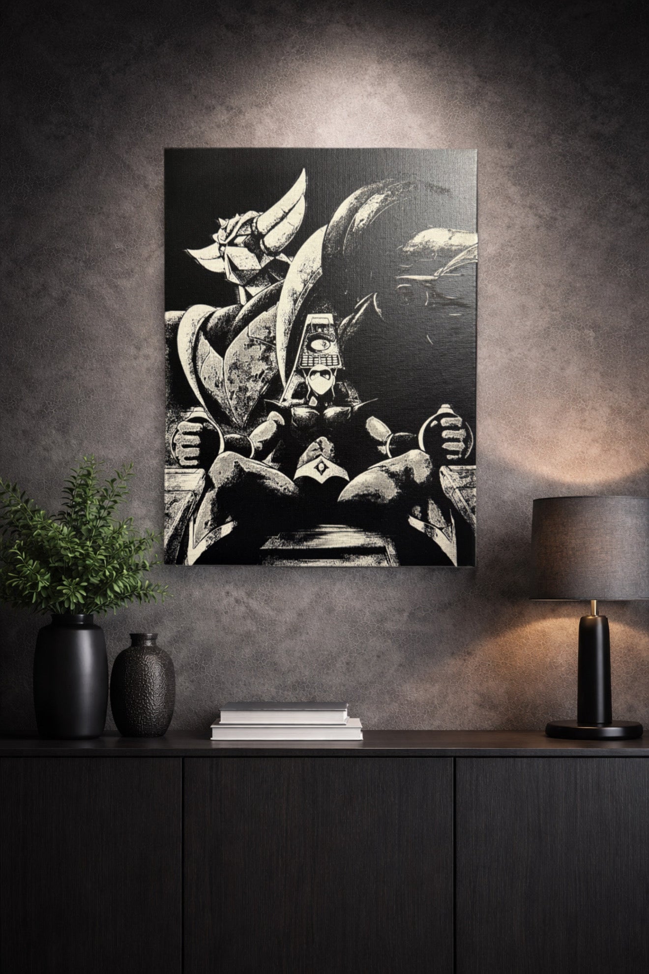 Tableau manga rétro noir et blanc – Robot géant assis – Toile murale 30x40 cm - DesignRomArt