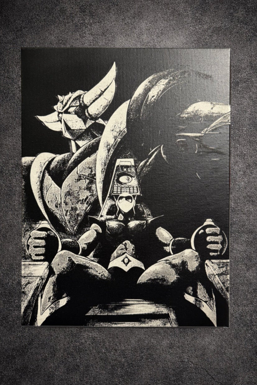 Tableau manga rétro noir et blanc – Robot géant assis – Toile murale 30x40 cm - DesignRomArt