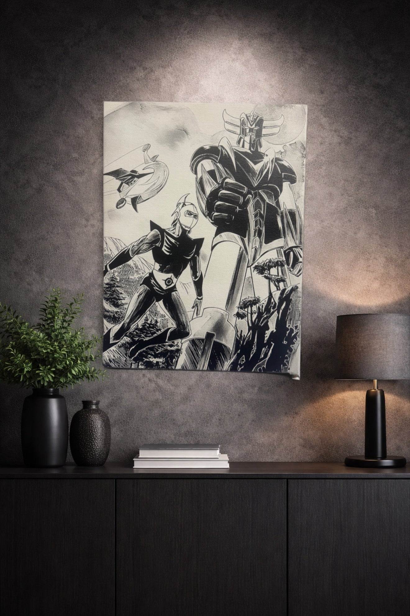 Tableau manga rétro noir et blanc – Robot géant et pilote – Toile murale 30x40 cm - DesignRomArt