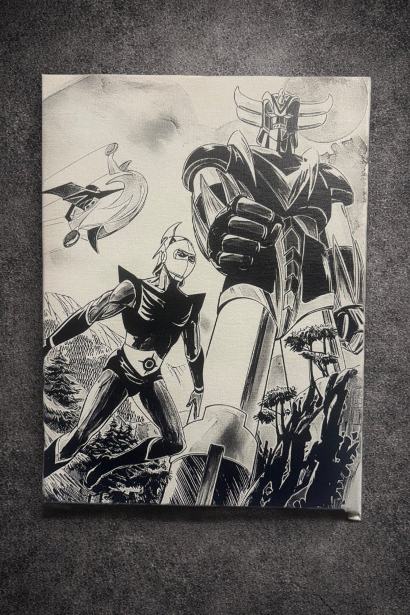 Tableau manga rétro noir et blanc – Robot géant et pilote – Toile murale 30x40 cm - DesignRomArt