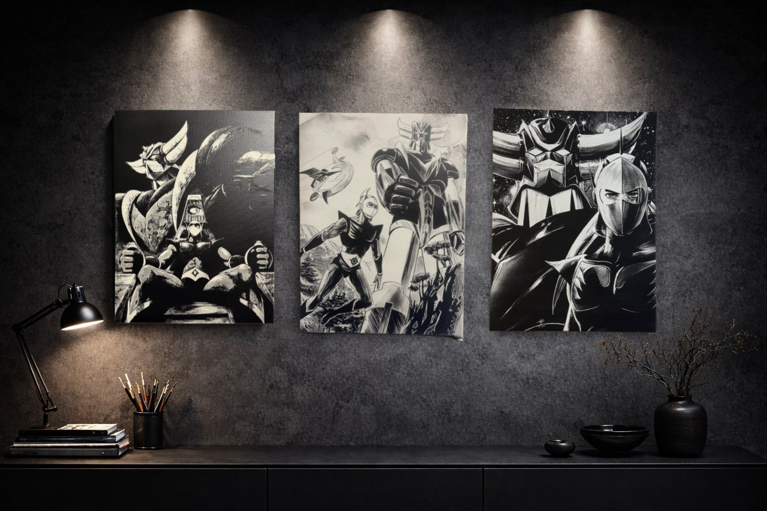 Tableau manga rétro noir et blanc – Robot géant et pilote – Toile murale 30x40 cm - DesignRomArt