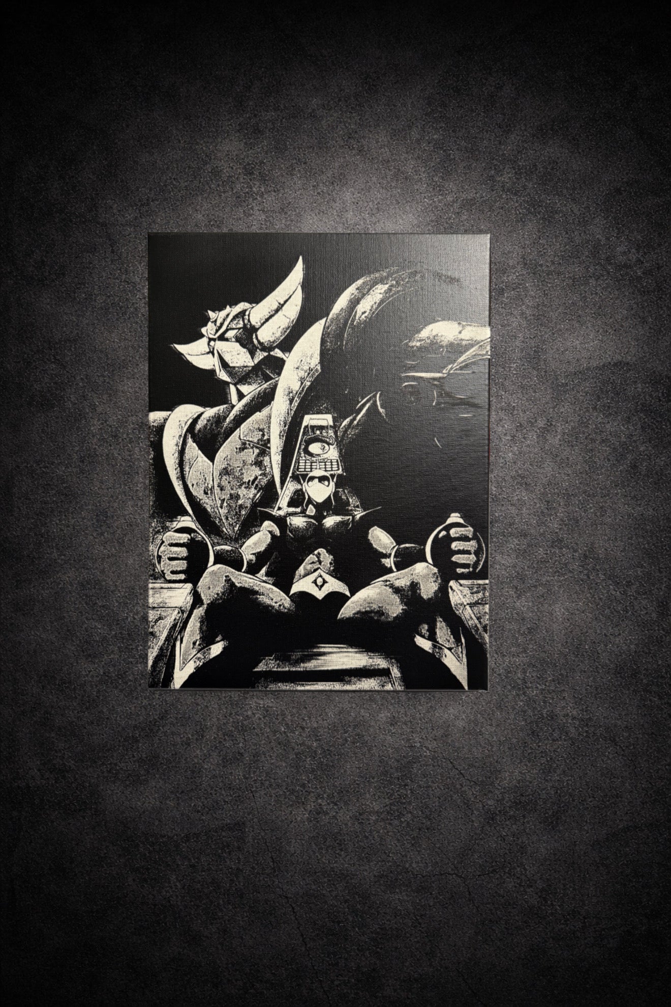 tableau-manga-retro-robot-geant-assis-noir-blanc-30x40cm