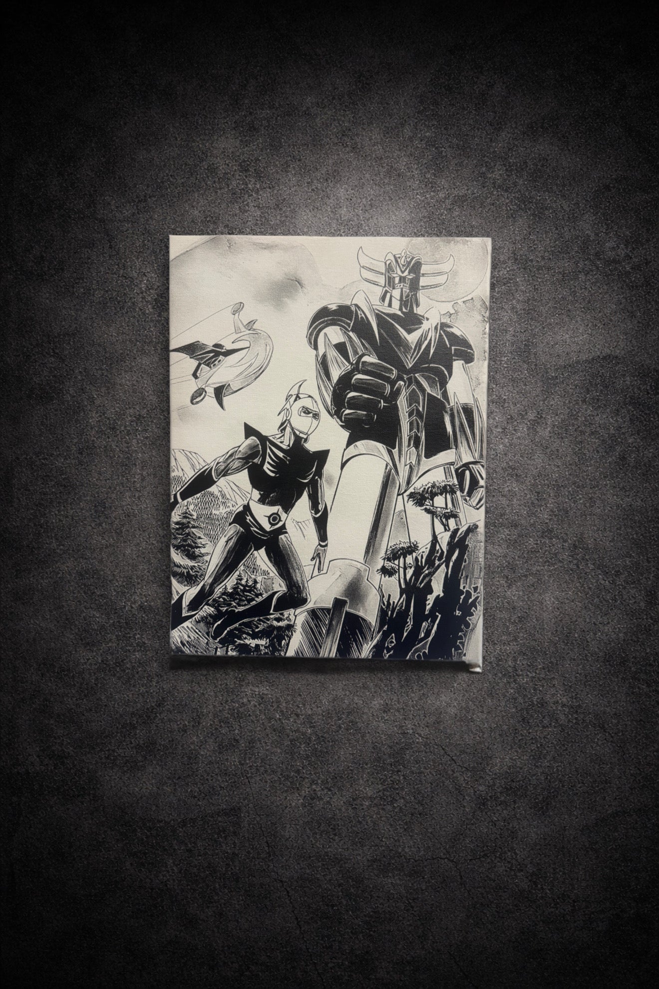 tableau-manga-retro-robot-geant-pilote-noir-blanc-30x40cm