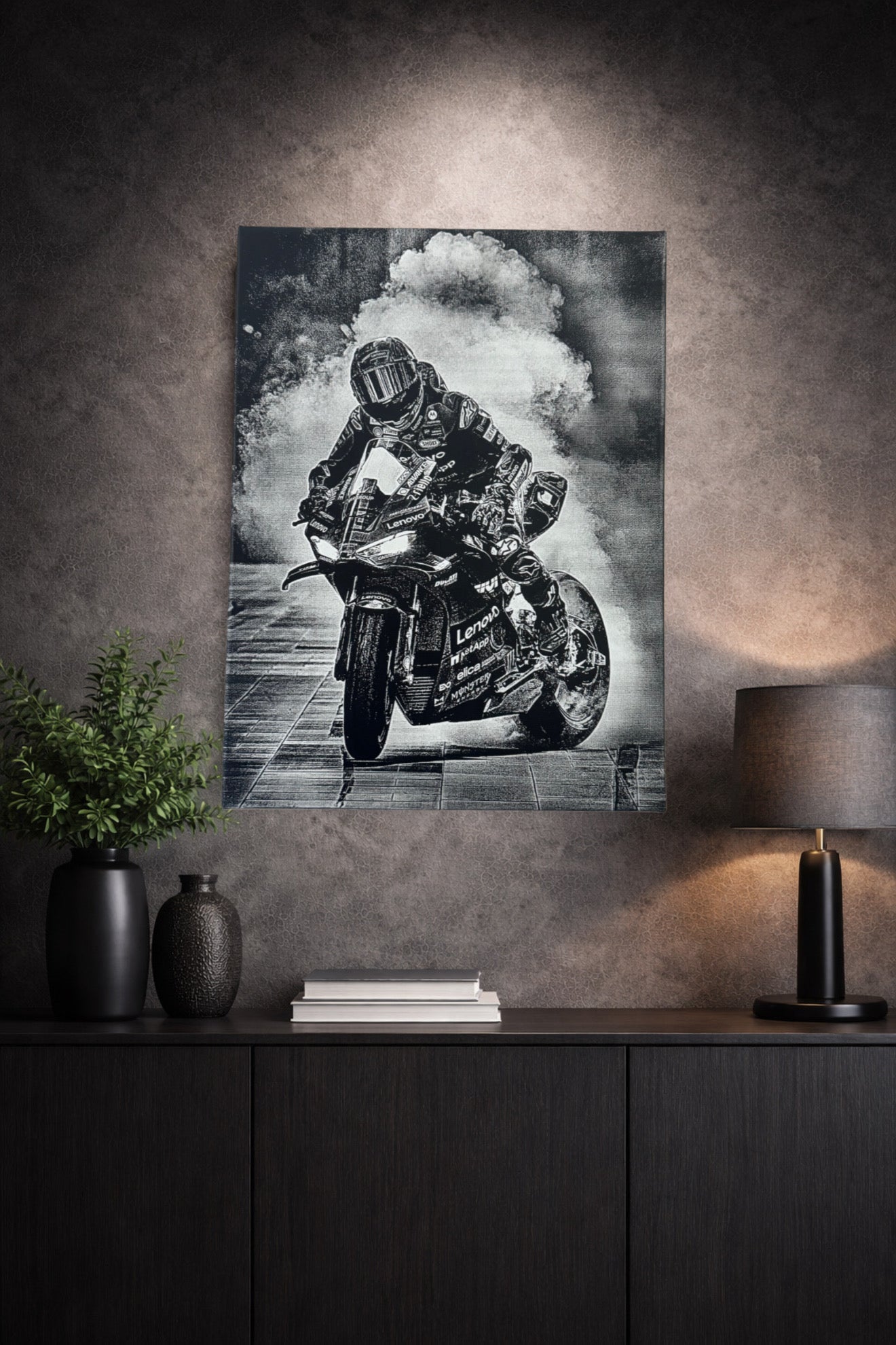 Tableau Marc Marquez MotoGP burn de victoire Ducati décoration murale moto course noir et blanc 30x40 cm - DesignRomArt