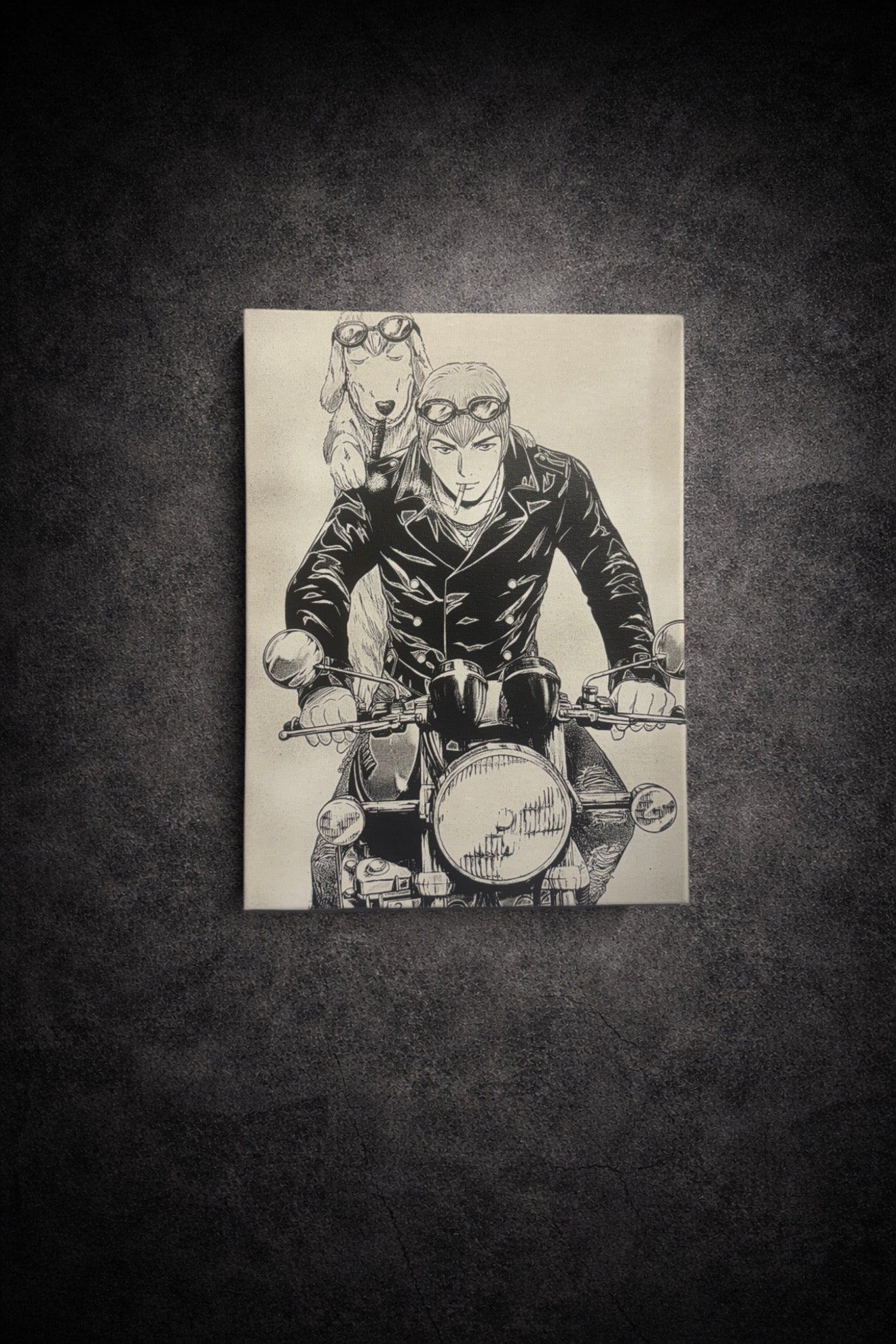 Tableau motard rétro sur moto vintage noir et blanc
