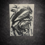 Tableau moteur de moto gros plan noir et blanc