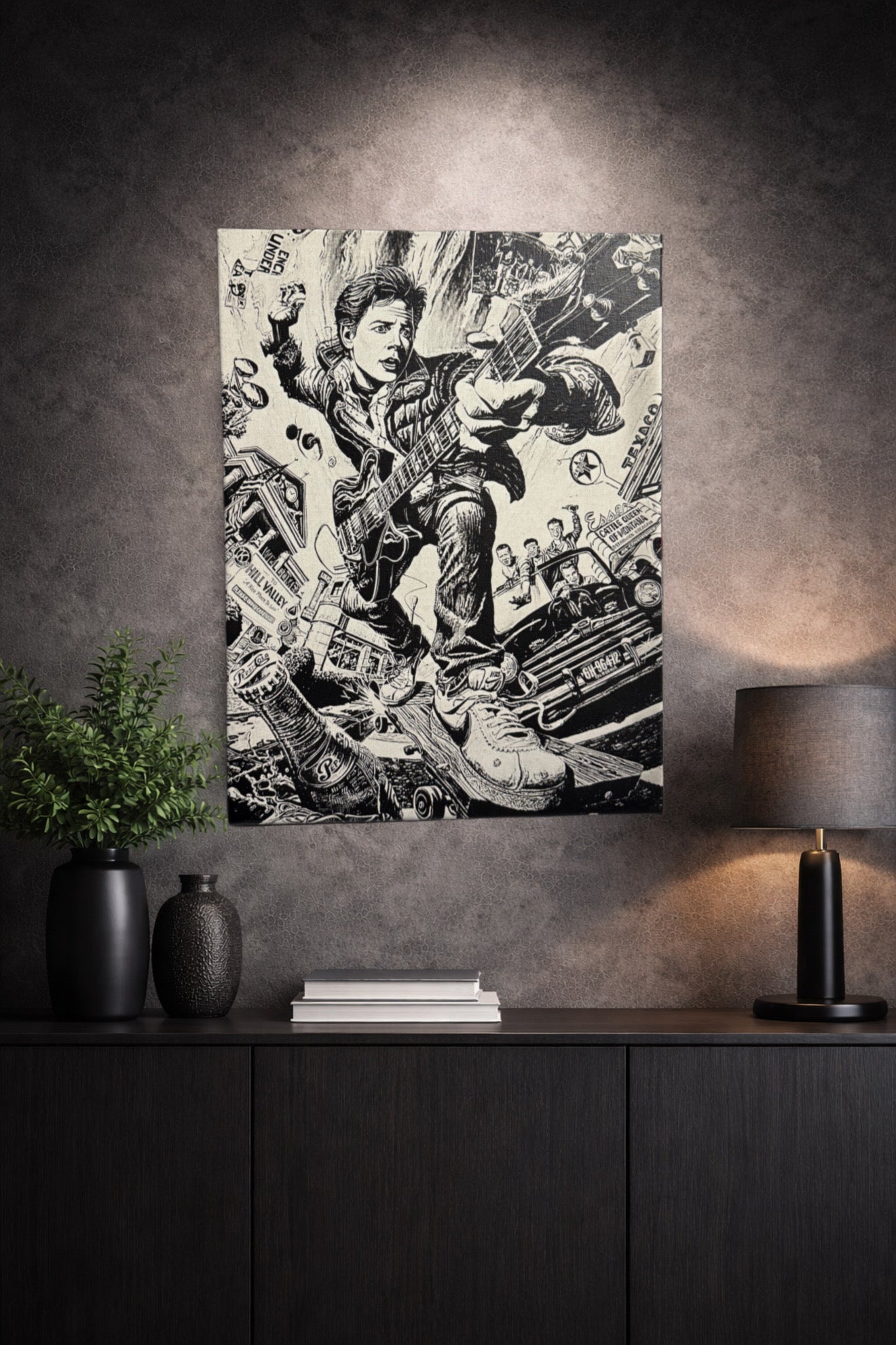 Tableau musicien rebelle guitare rock univers rétro urbain noir et blanc décoration murale 30x40 cm - DesignRomArt