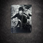 Tableau noir et blanc musicienne gothique jouant du violoncelle intense