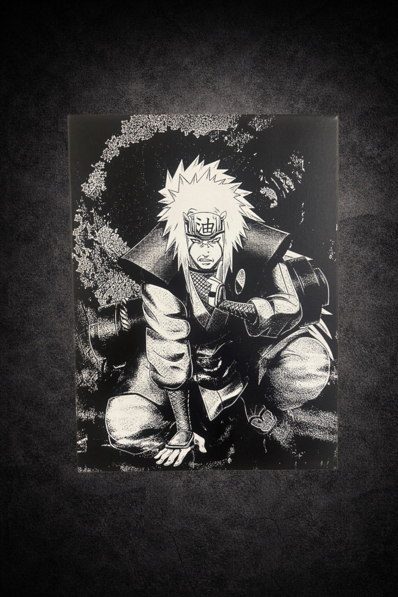 Tableau noir et blanc ninja légendaire en posture de combat