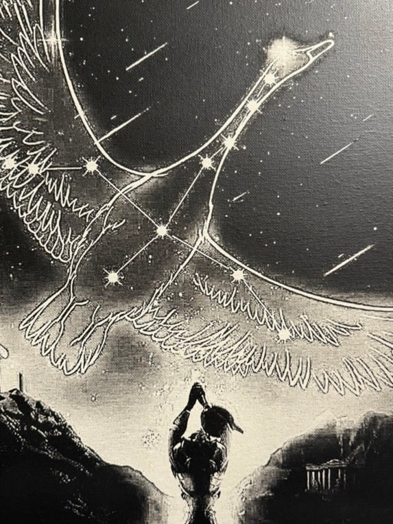 Tableau oiseau céleste en constellation lumineuse – scène héroïque ascendante épique – décoration murale 30x40 cm - DesignRomArt
