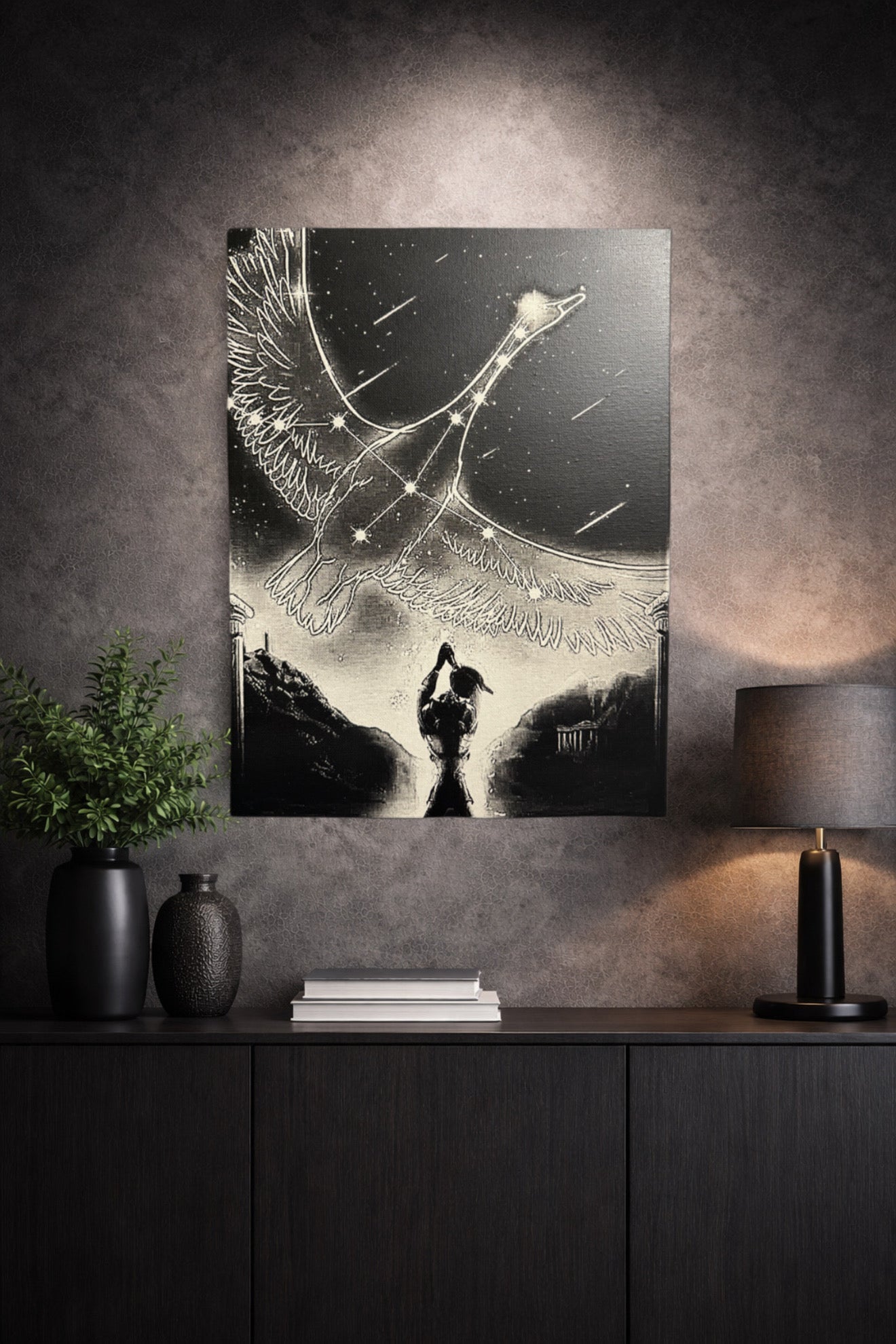 Tableau oiseau céleste en constellation lumineuse – scène héroïque ascendante épique – décoration murale 30x40 cm - DesignRomArt