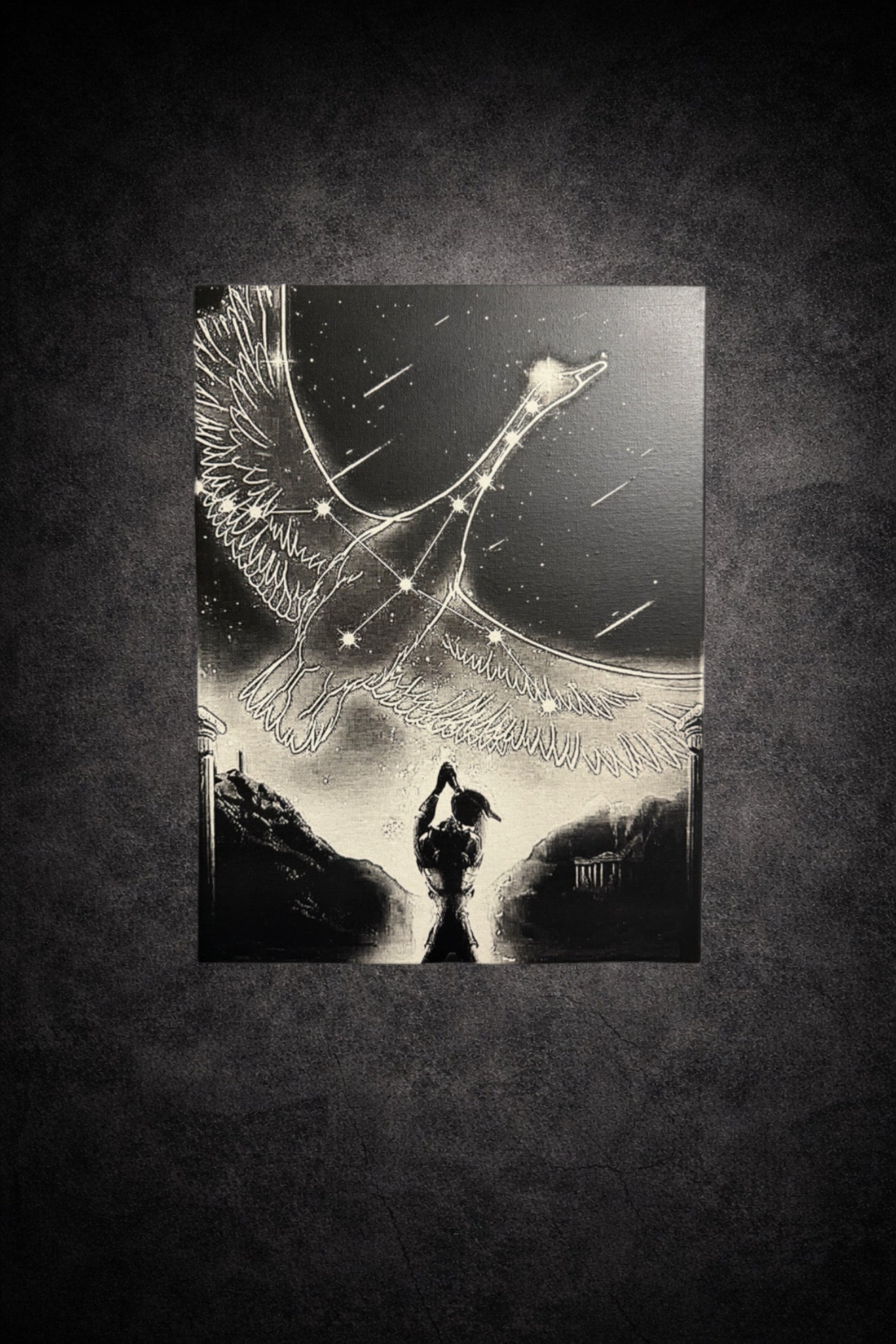 Tableau oiseau céleste en constellation lumineuse – scène héroïque ascendante épique – décoration murale 30x40 cm - DesignRomArt