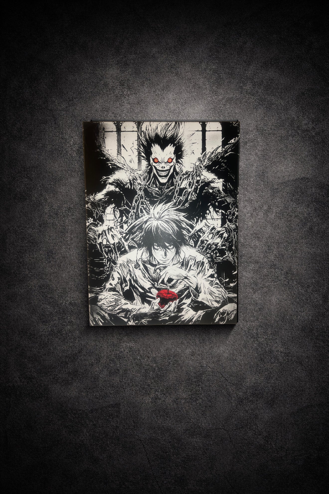 Tableau manga noir et blanc représentant un pacte sombre entre un personnage humain et une entité inquiétante, art mural intense sur toile 30x40 cm