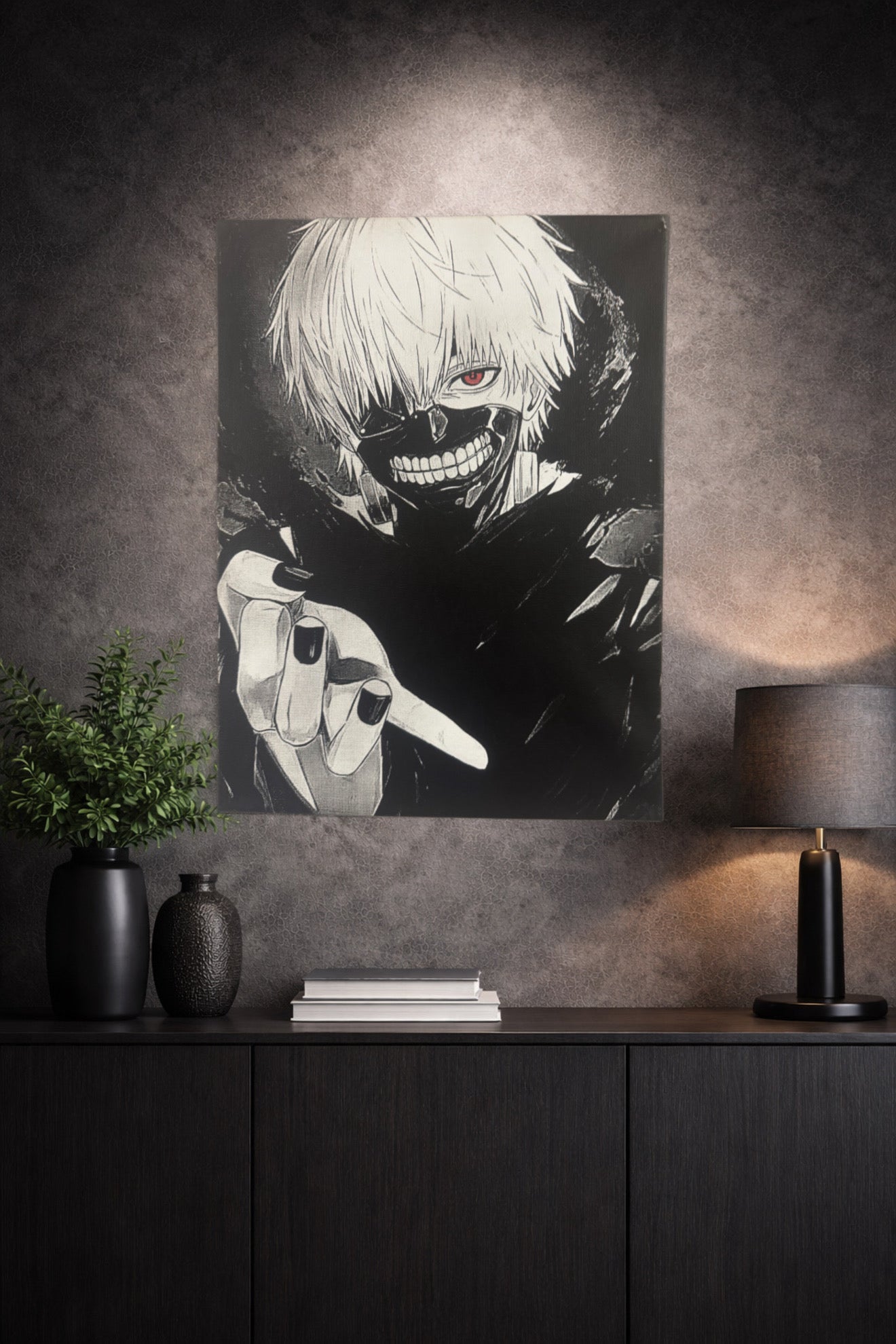 Tableau personnage masqué sombre noir et blanc – Art mural manga – Toile 30x40 cm - DesignRomArt