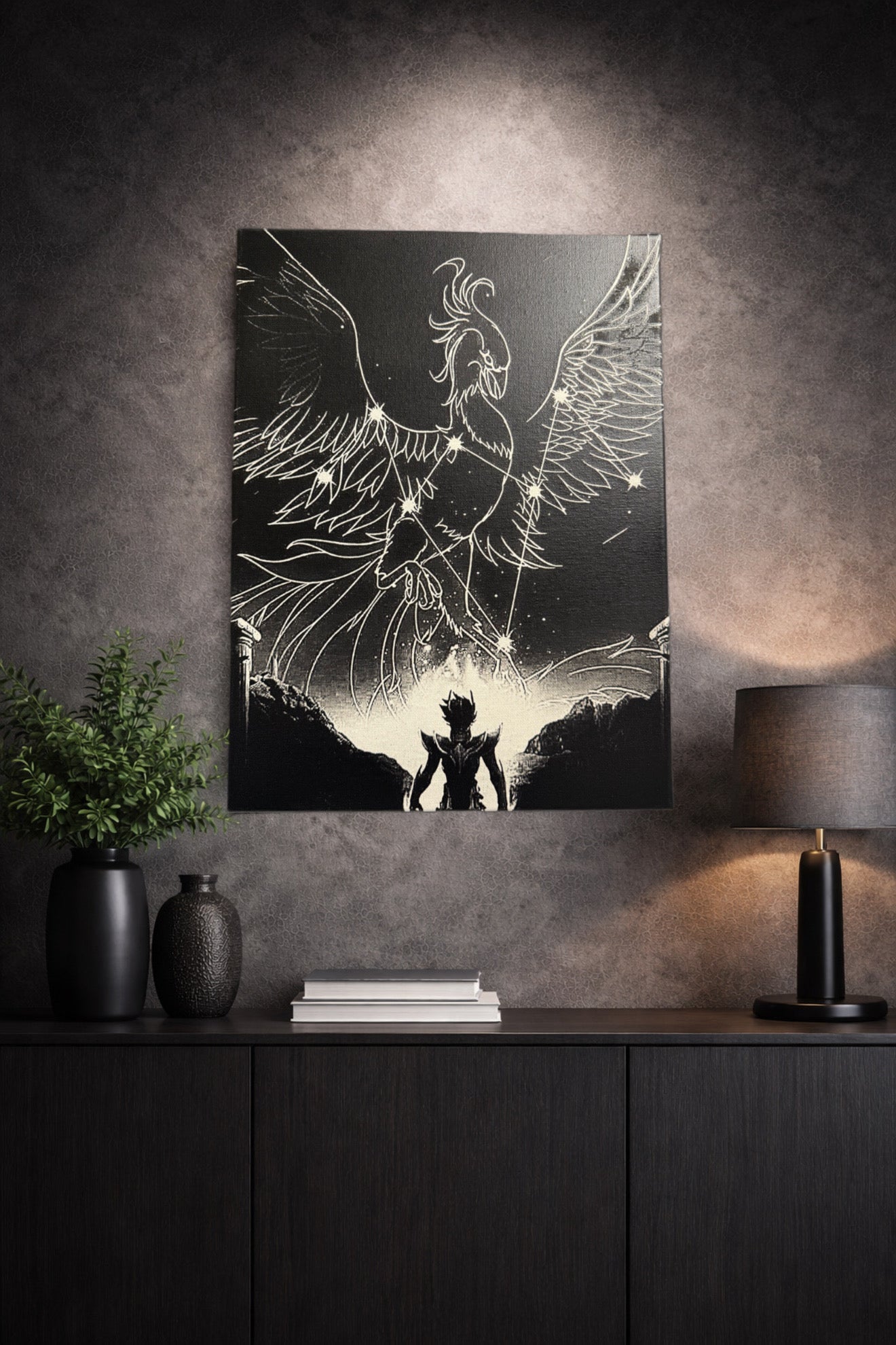 Tableau phénix céleste en constellation lumineuse – scène héroïque épique – décoration murale 30x40 cm - DesignRomArt