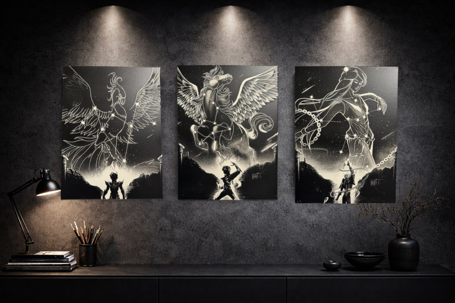 Tableau phénix céleste en constellation lumineuse – scène héroïque épique – décoration murale 30x40 cm - DesignRomArt