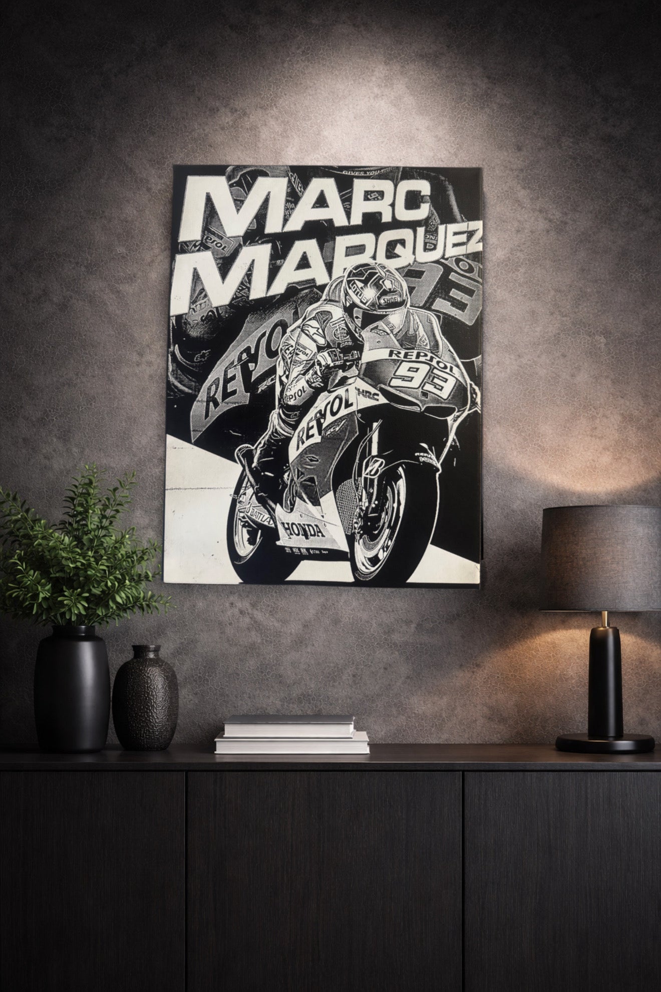Tableau pilote moto course vitesse extrême décoration murale sport mécanique noir et blanc 30x40 cm - DesignRomArt