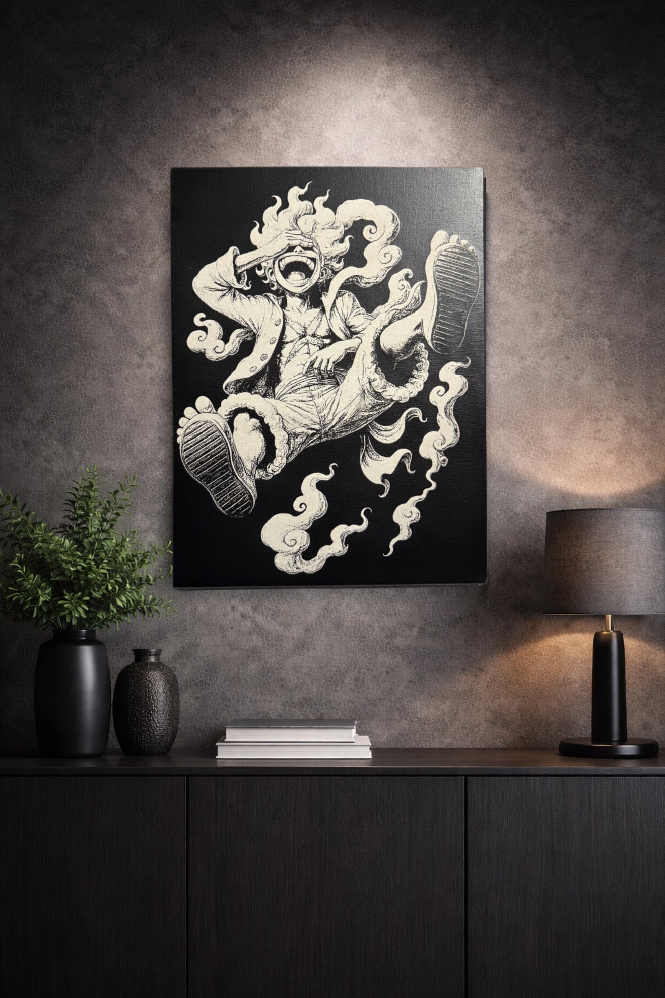 Tableau pirate souriant style manga noir et blanc décoration murale anime 30x40 cm - DesignRomArt