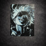 Tableau noir et bleu représentant un portrait à l’énergie libérée