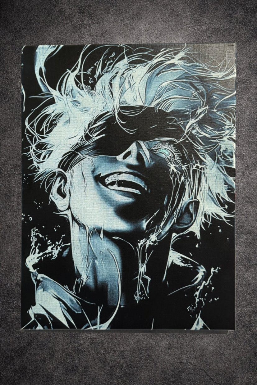 Tableau portrait extatique énergie libérée noir et bleu – décoration murale moderne 30x40 cm - DesignRomArt