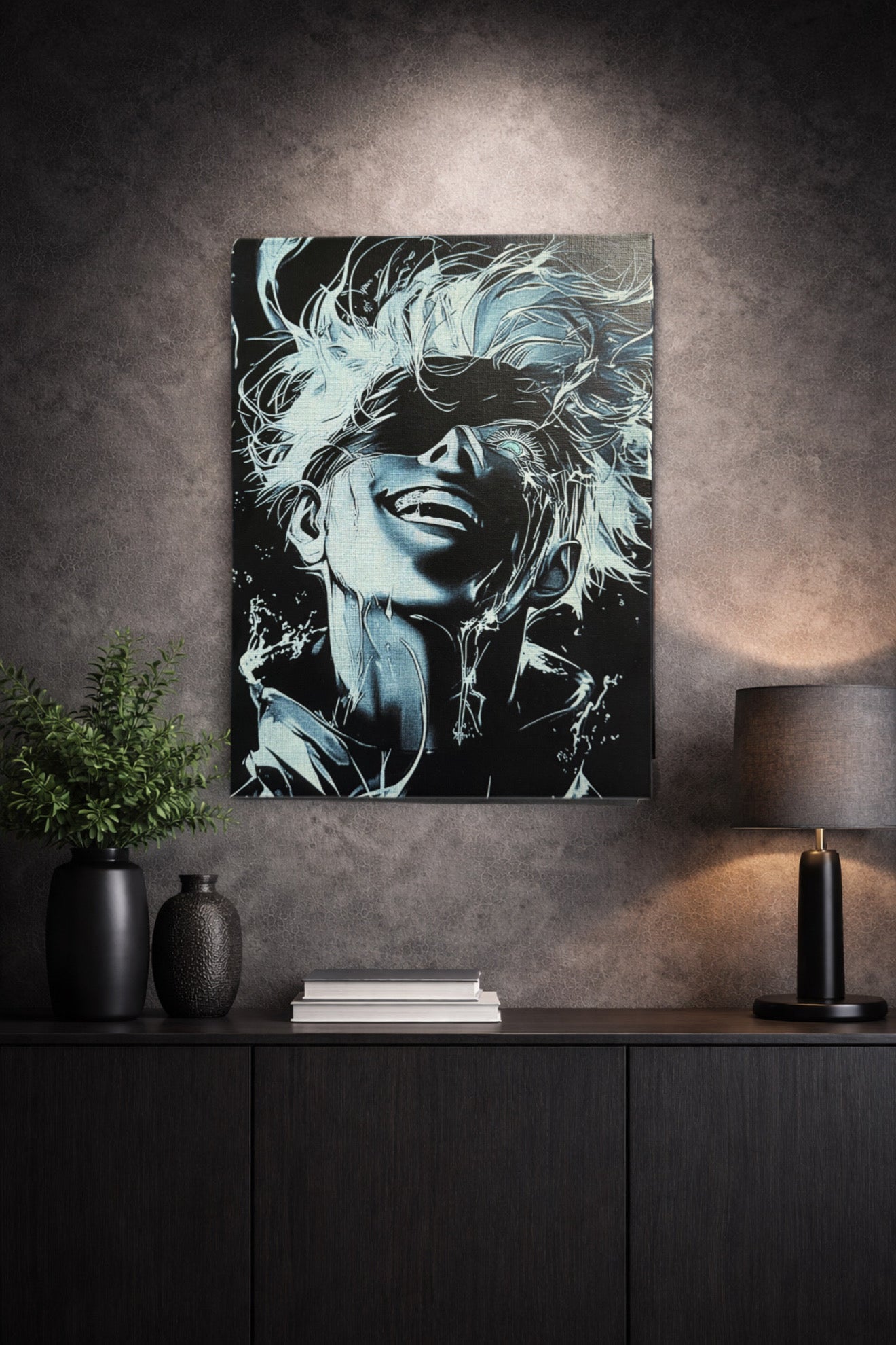 Tableau portrait extatique énergie libérée noir et bleu – décoration murale moderne 30x40 cm - DesignRomArt