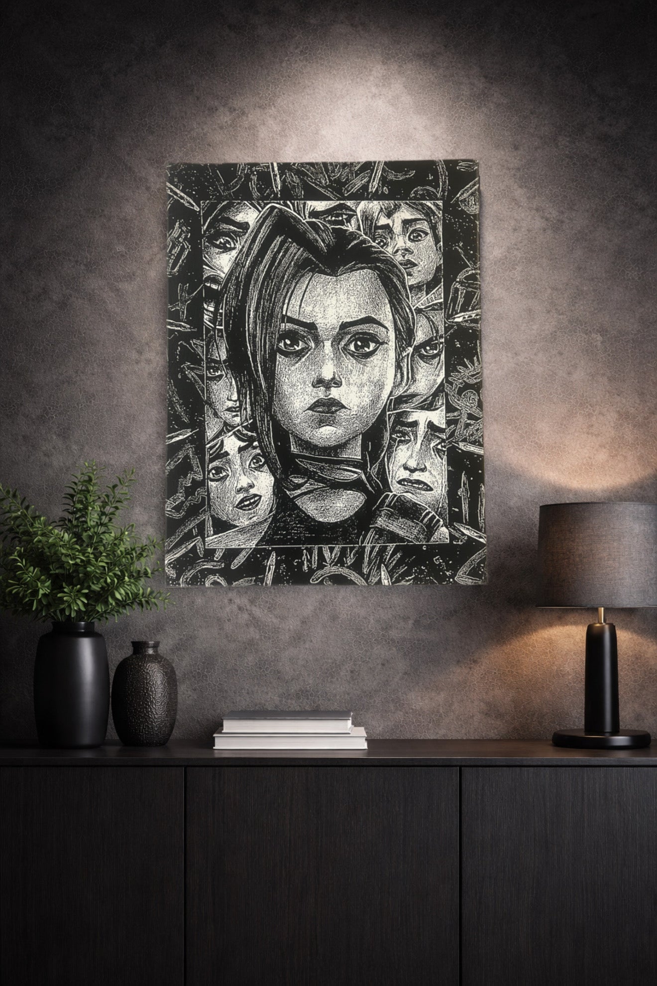Tableau portrait héroïne regard intense univers industriel noir et blanc décoration murale 30x40 cm - DesignRomArt