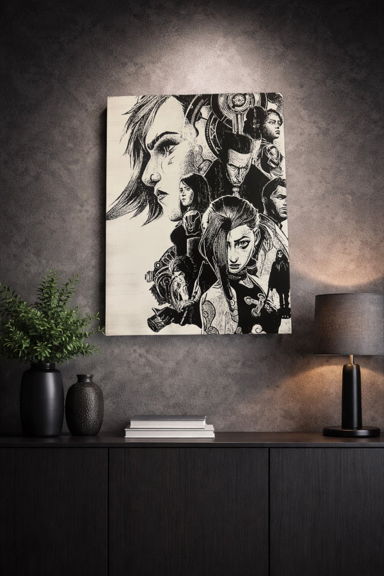 Tableau portrait héroïnes cité industrielle univers rivalité noir et blanc décoration murale 30x40 cm - DesignRomArt
