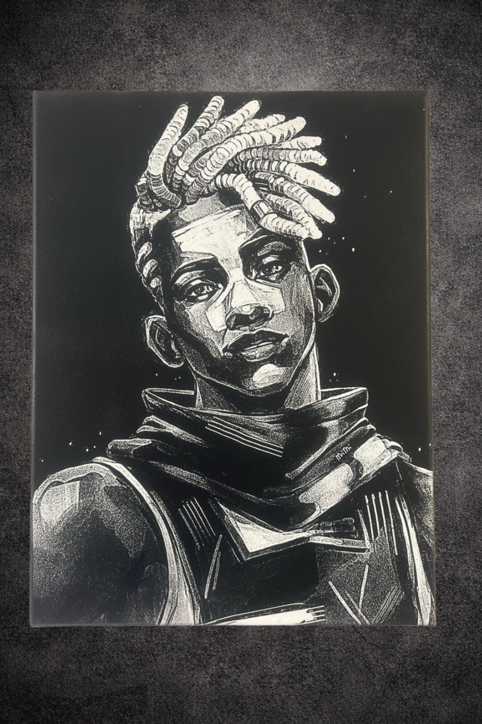 Tableau portrait stratège urbain univers futuriste noir et blanc décoration murale 30x40 cm - DesignRomArt