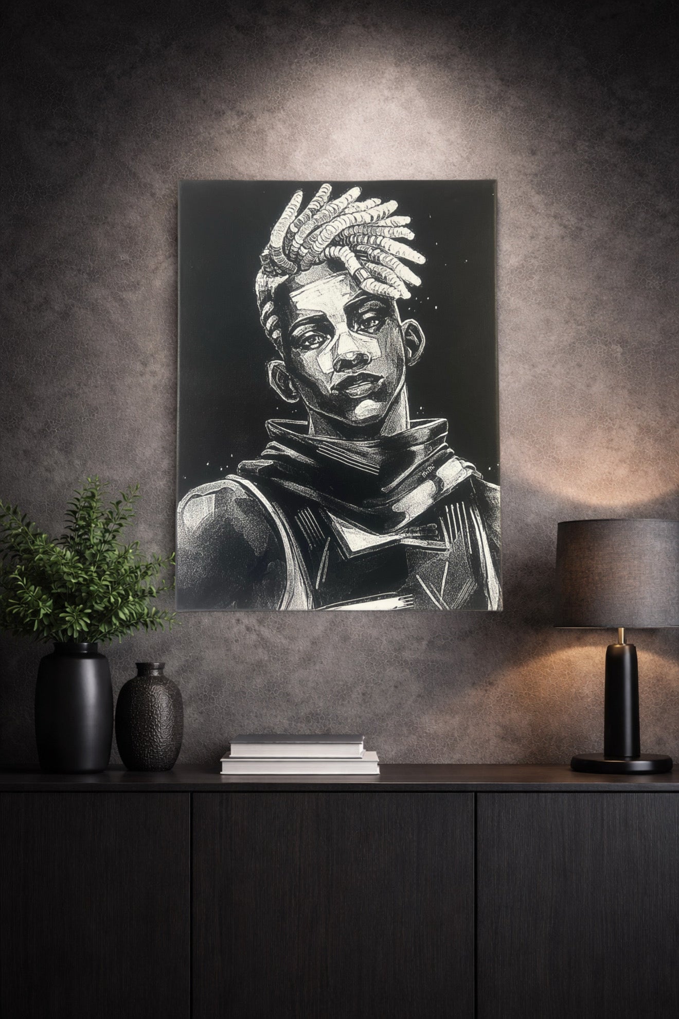 Tableau portrait stratège urbain univers futuriste noir et blanc décoration murale 30x40 cm - DesignRomArt