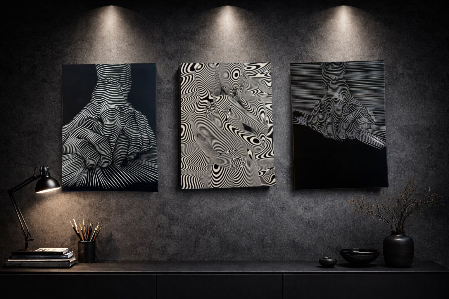 Tableau prise de main en relief graphique illusion visuelle noir et blanc – décoration murale contemporaine 30x40 cm - DesignRomArt
