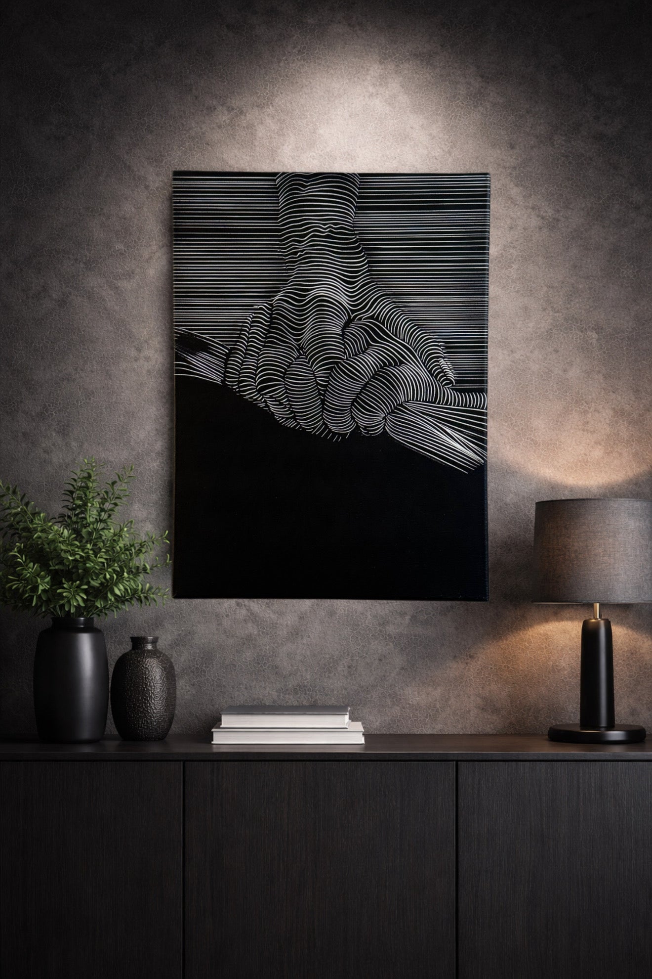 Tableau prise de main en relief graphique illusion visuelle noir et blanc – décoration murale contemporaine 30x40 cm - DesignRomArt