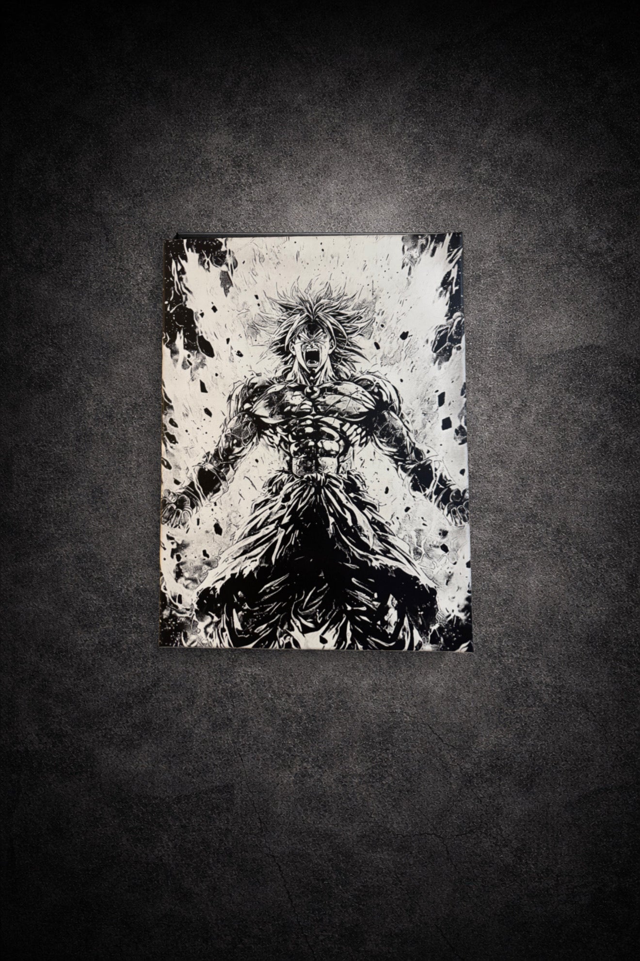 Tableau manga noir et blanc représentant une explosion de puissance brute, art mural intense sur toile 30x40 cm