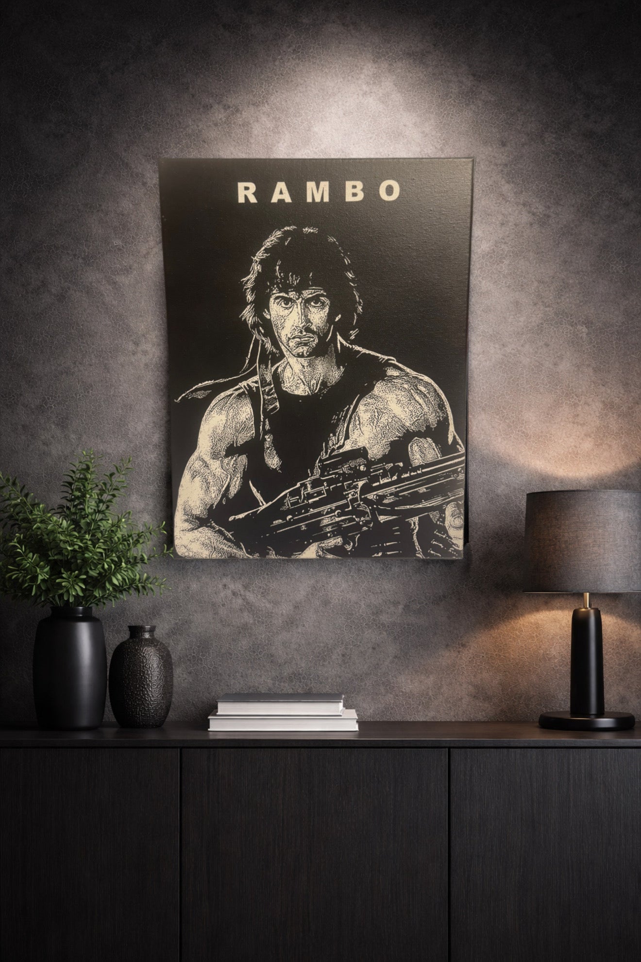 Tableau Rambo film culte action noir et blanc décoration murale 30x40 cm - DesignRomArt