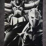 Tableau rétro manga noir et blanc – Robot géant & pilote masqué – Toile murale 30x40 cm - DesignRomArt
